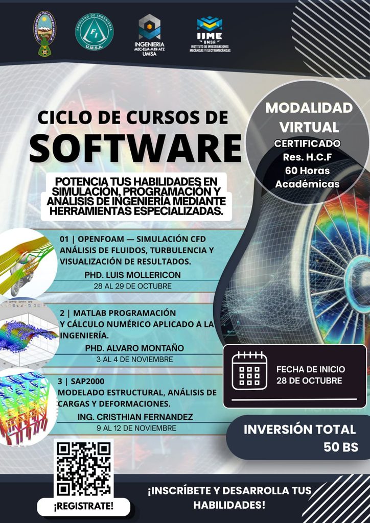Afiche del Ciclo de Cursos de Software IIME UMSA: OpenFOAM, MATLAB y SAP2000